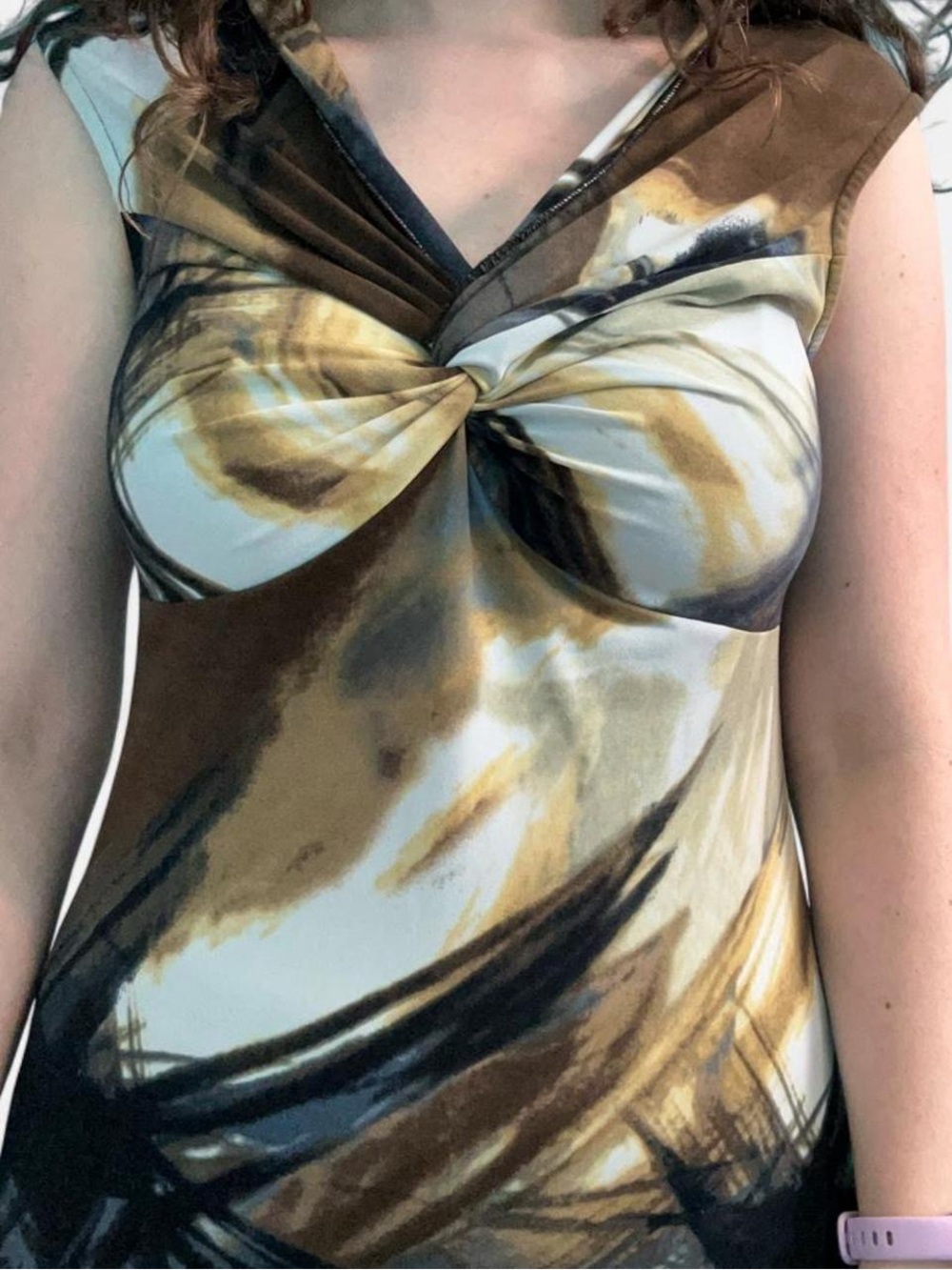 Grace Brown, Cream & Black Twist-Front Sleeveless Blouse